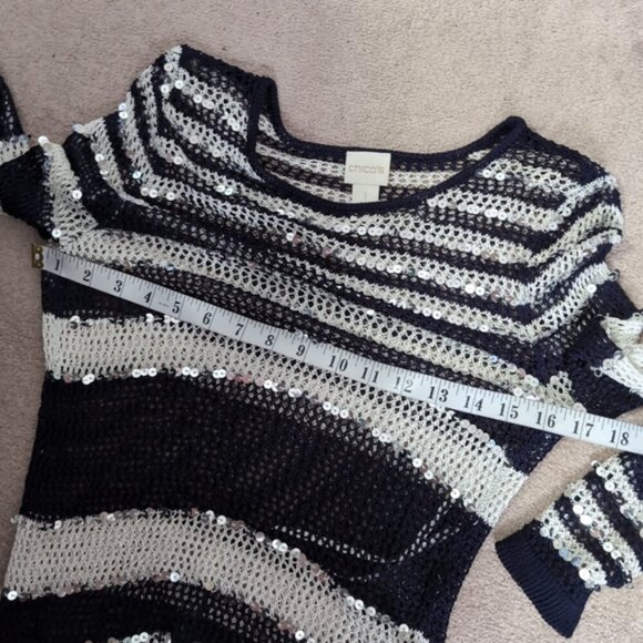 Chico's Striped Nautical Glam Chic Crochet Fisherman Open Knit Sequin Sweater S - Picture 6 of 9